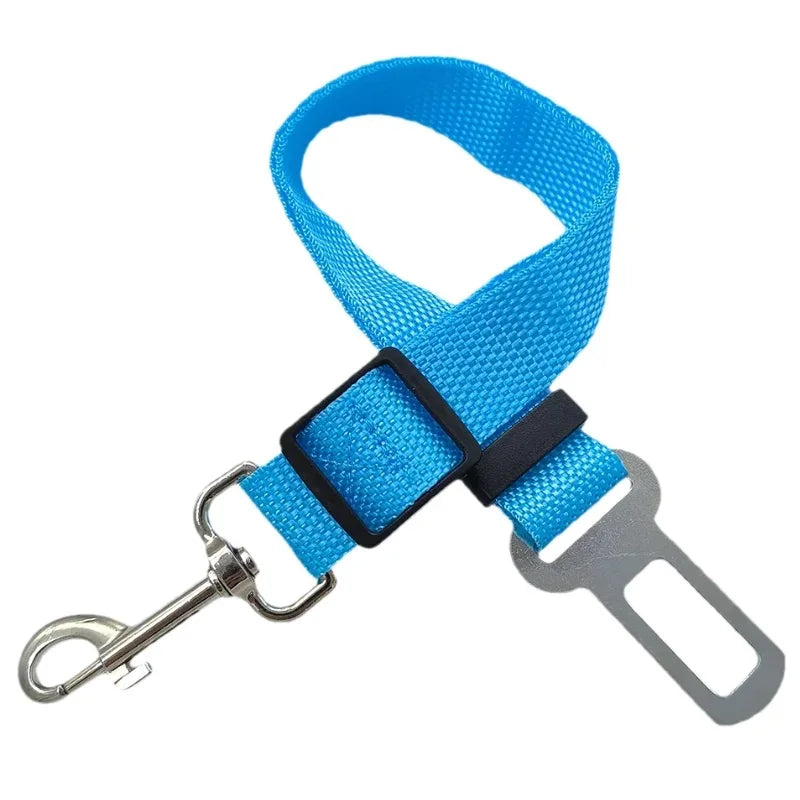 Adjustable Dog & Cat Car Seat Belt for Safety shown in blue nylon material with metal clip for secure pet travel.