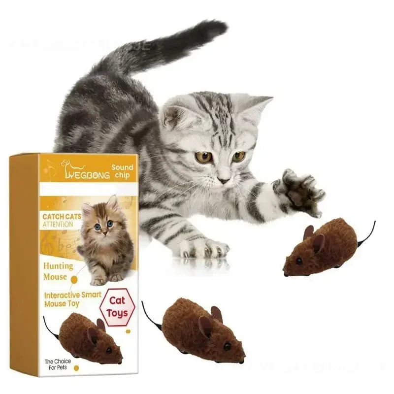 Interactive Plush Mouse Toy – Realistic Sound & Movement with playful cat reaching for plush mouse toys.
