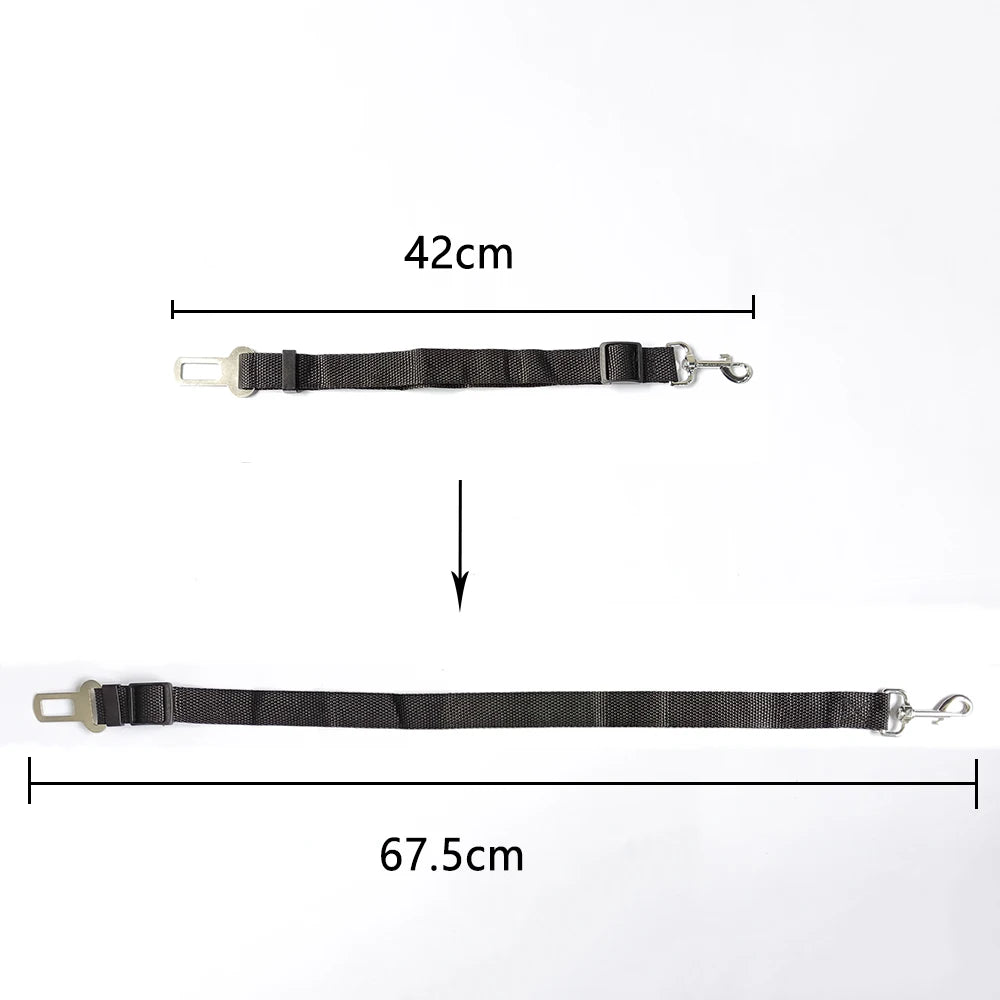 Adjustable Dog & Cat Car Seat Belt for Safety measuring 42cm and 67.5cm, ensuring pet safety and security.