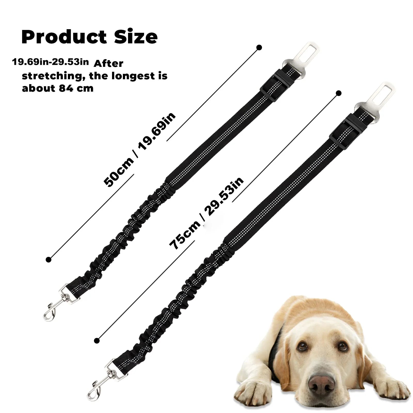 Reflective Adjustable Pet Car Safety Belt product size showing lengths and stretching measurements.