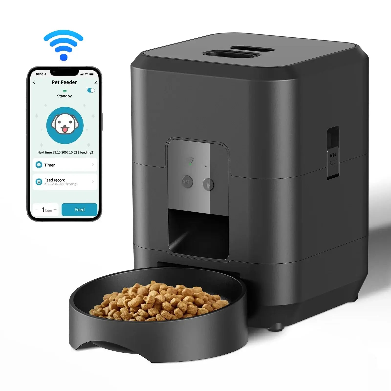 Smart Automatic Pet Feeder with Programmable Food Timer for cats and dogs with smartphone app control.