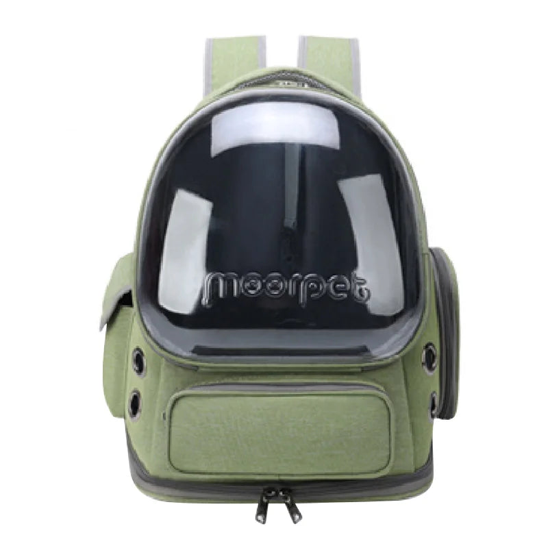 Transparent Breathable Pet Travel Carrier Backpack in green with a clear window for pet visibility and comfort.