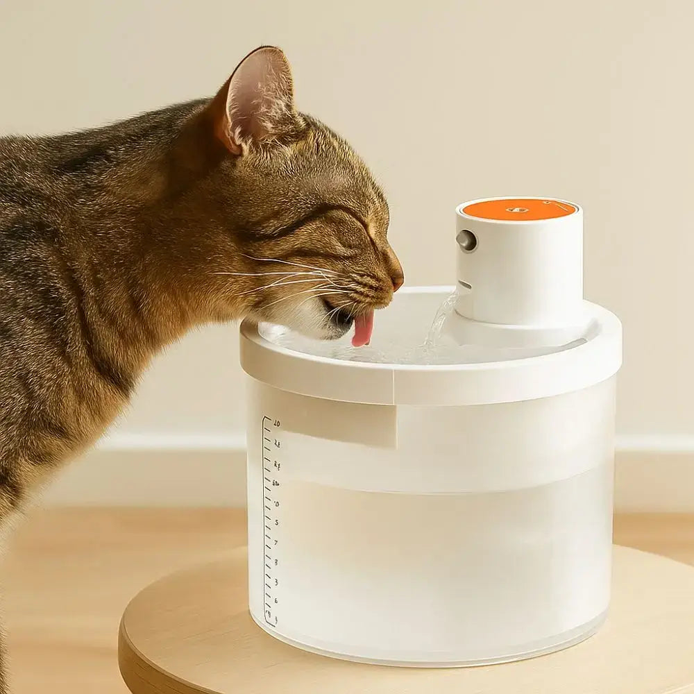Cat drinking from Ultra-Quiet 2.2L Automatic Pet Water Fountain on a wooden table.