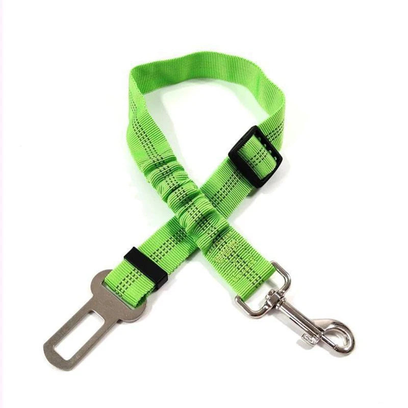Reflective Adjustable Pet Car Safety Belt in vibrant green color with metal clip and buckle for secure pet restraint.