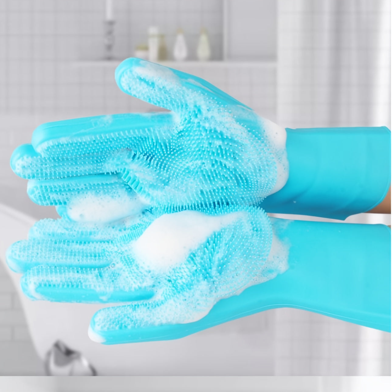 2-in-1 Silicone Pet Bath Gloves & Brush Set 2pcs with bubbles, perfect for pet grooming and bathing.