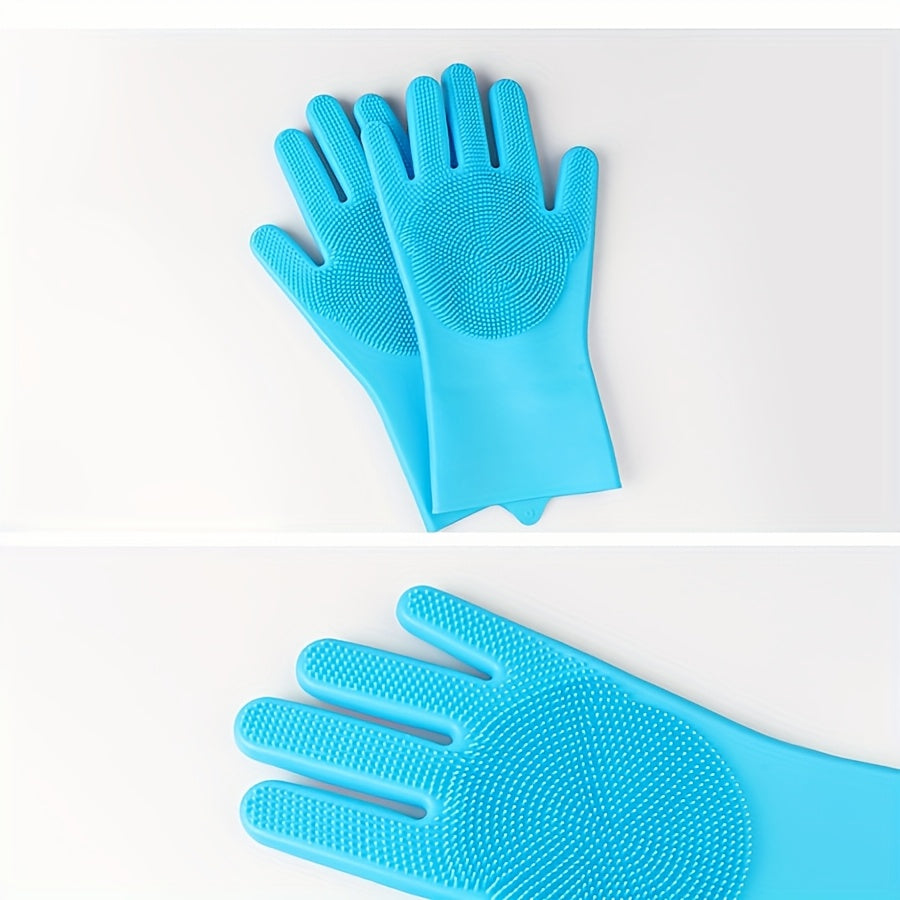 2-in-1 Silicone Pet Bath Gloves & Brush Set 2pcs in blue with flexible silicone bristles for pet grooming.